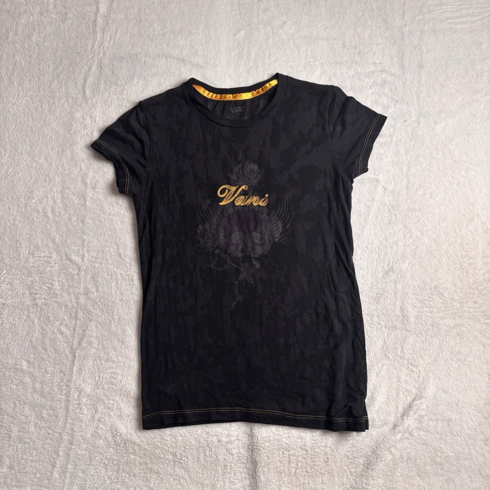 Y2K Vans Sheer Skull Floral Black Short Sleeve Shirt Women's Medium Crew‎ Neck
